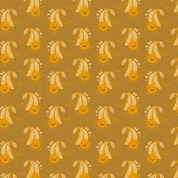 Whimsical sun and banana pattern with smiling faces on a warm ochre background