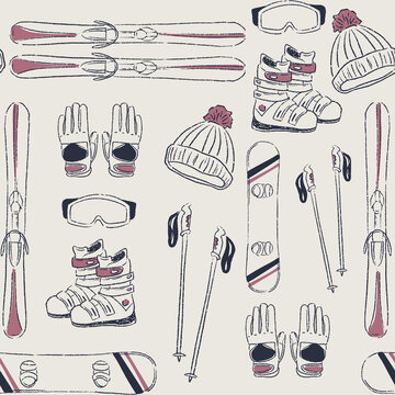 Winter sport equipment pattern with skis snowboard boots and hats in hand drawn style