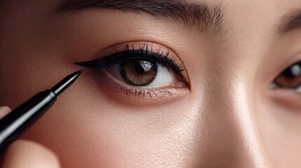 Naklejka premium Woman applying eyeliner close up beauty eye makeup cosmetic product procedure
