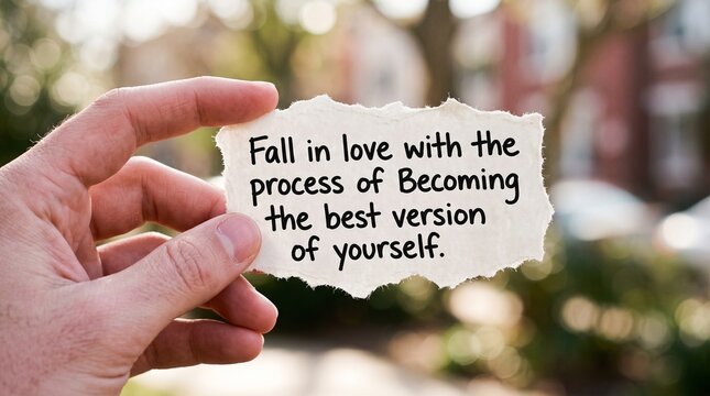 Hand holding torn paper with motivational quote about fall in love with personal growth