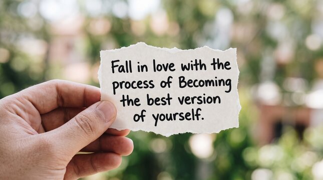 Hand holding motivational quote paper about embracing personal growth and self improvement outdoors