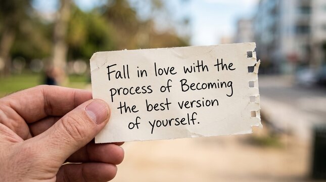 Hand holding torn paper with inspirational quote about loving the process of self growth
