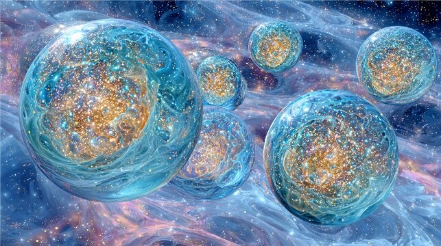 Glistening Crystalline Spheres Suspended Within a Cosmic Nebula, Representing Galactic Formation and Universal Wonder