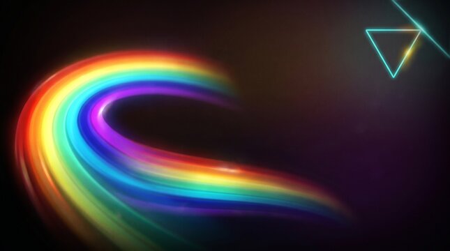 Abstract neon rainbow light tunnel with glowing triangle outline futuristic technology background