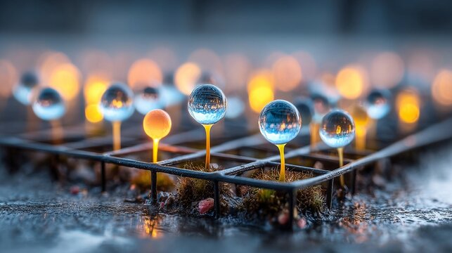 Glistening Dewdrops on an Invisible Grid with Reflected Lights