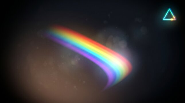 Abstract neon rainbow light arc with glowing triangle symbol on dark background for tech design