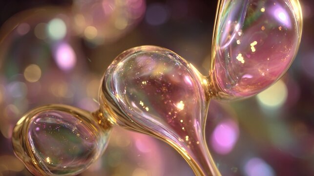 Glistening metallic liquid tendrils coalescing into organic molecular structures with shimmering bokeh effect