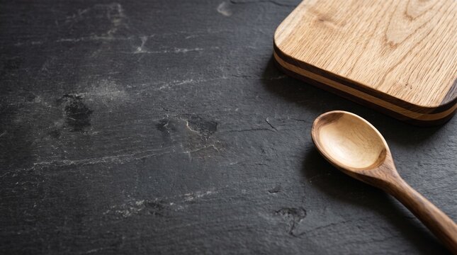 Rustic wooden cutting board and spoon on dark slate background with copy space for cooking