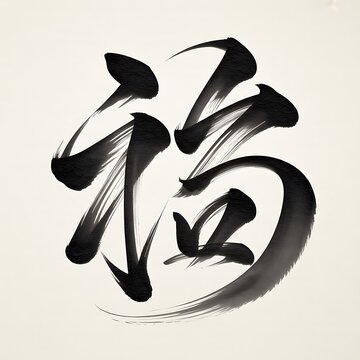 Traditional chinese calligraphy character for good fortune written with elegant black ink on beige paper