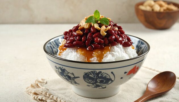Fresh red bean shaved ice with peanuts and syrup in a ceramic bowl for summer treat