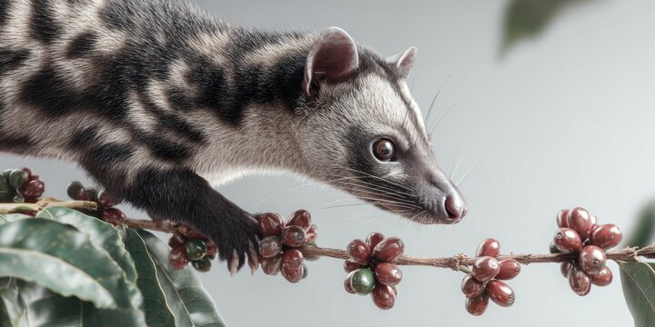 Close up of a civet cat with patterned fur on a branch with red berries
