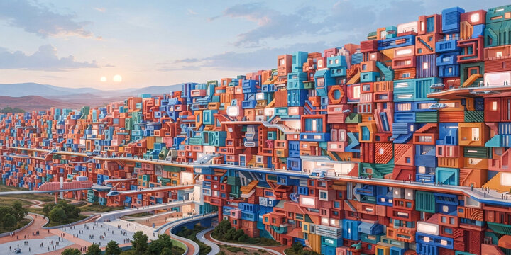Expansive futuristic colorful sci-fi wall megacity landscape with modular colorful blocks, elevated walkways, two suns in the sky, and detailed architectural structures