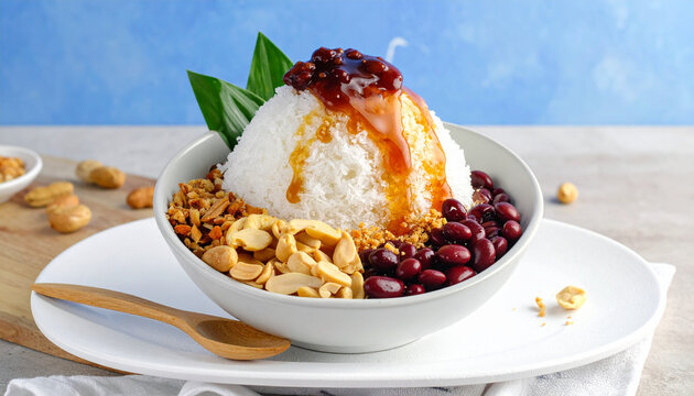 Refreshing bowl of traditional Malaysian Ais Kacang with red beans and palm sugar syrup topping