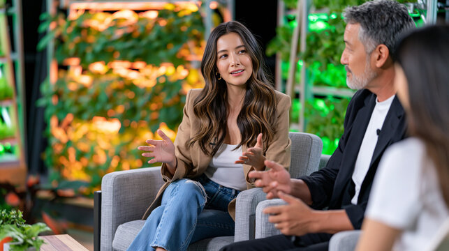 A talk show host interviews a vertical farm LED growing specialist in a luxury studio interior, lush hydroponic plant walls glowing behind the seated group dynamic, the broadcast setting highlightin