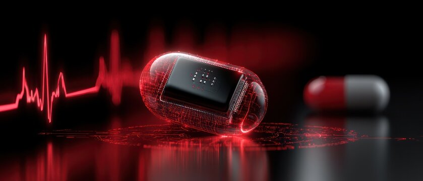 Futuristic medical capsule with circuitry and heartbeat monitor