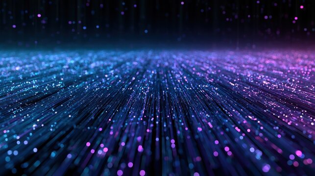 Abstract digital art of fiber optic strands with glowing blue and purple bokeh