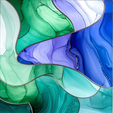 Abstract Alcohol Ink Fluid Art with Vibrant Green Blue and Purple Swirls and Metallic Silver Lines