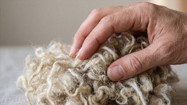 Hand feeling a piece of raw unspun felted wool with detailed skin texture and loose fibers