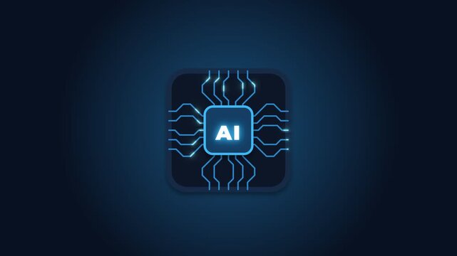A glowing blue artificial intelligence (AI) chip icon with intricate circuit patterns on a dark blue background, symbolizing advanced technology and digital innovation.