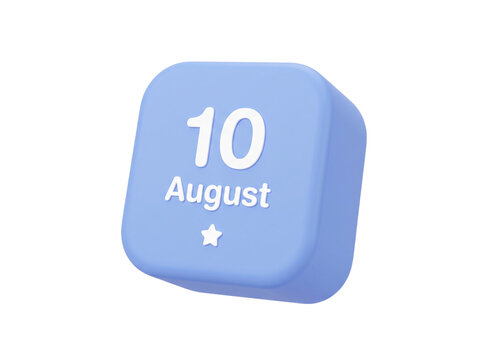 A cute 3d pastel png icon showing the date august tenth as a rounded square calendar isolated on transparent background