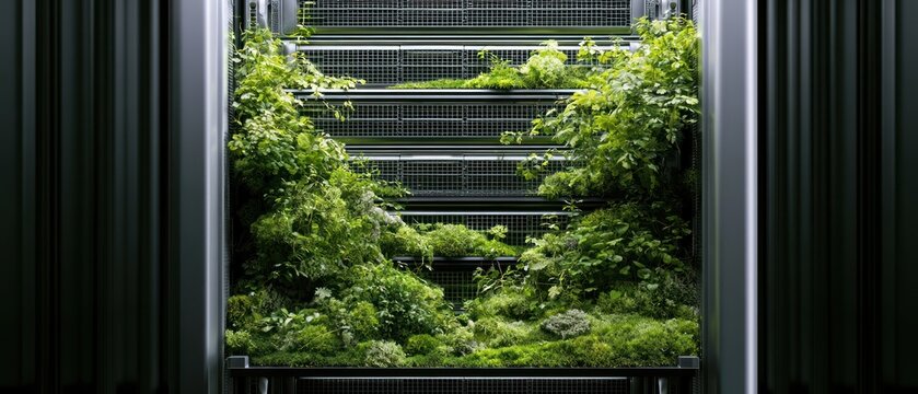 Vertical garden installation with lush greenery on shelving