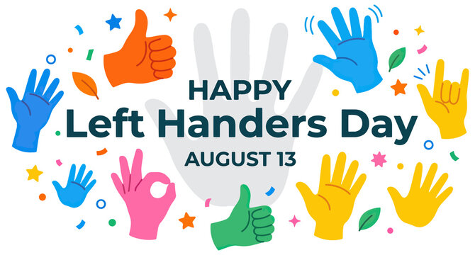 Colorful illustration celebrating happy left handers day with various hand gestures on a white background