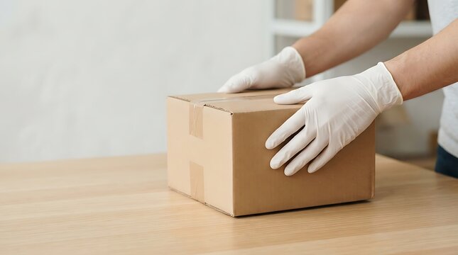 Worker wearing protective gloves placing a cardboard box on a table for shipping preparation
