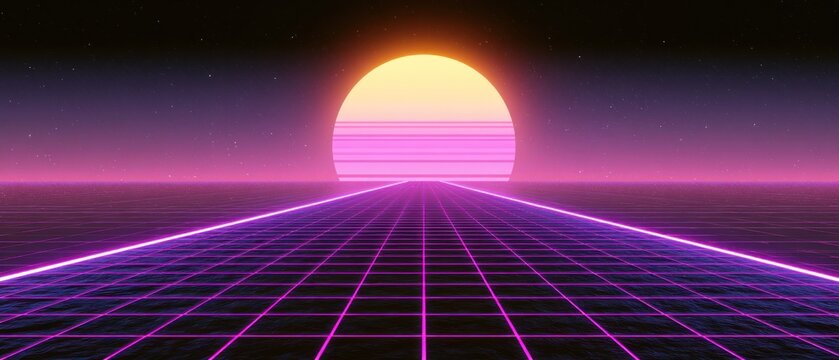 Retro futuristic grid landscape with neon sunset and stars