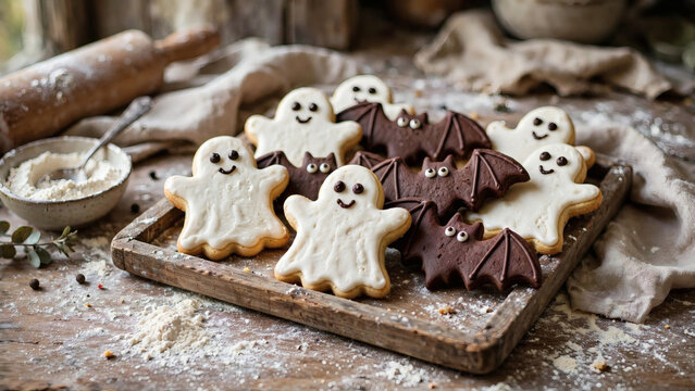 Halloween cookies on rustic wooden tray
