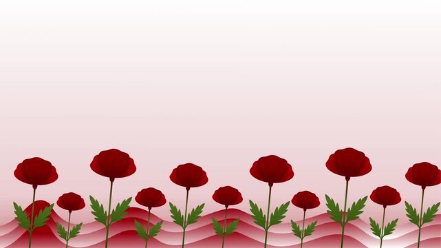 Row of red poppy flowers on wavy abstract floor