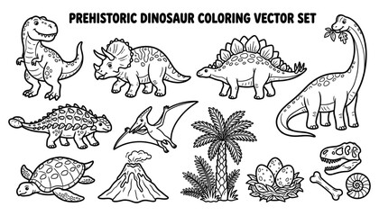Prehistoric Dinosaur Coloring Vector Set with Dinosaurs Volcanoes Fossils and Jurassic Plants © MST