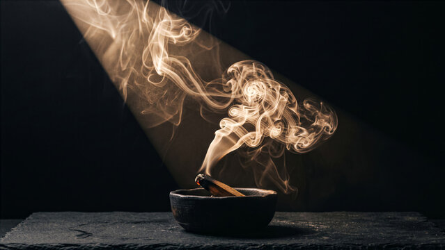 Rich heavy sandalwood incense smoke curling elegantly in front of studio spotlight beam