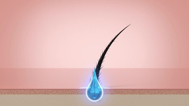 Damaged Hair Strand Repair with Cosmetics Serum Shampoo Drop and Glowing Circle - 3d 4k Animation (3840 x 2160 px)