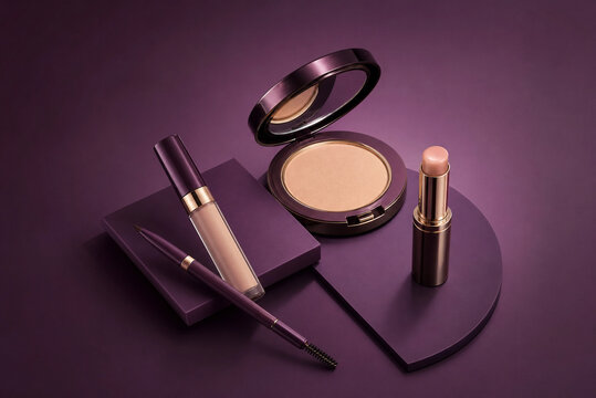 Set of makeup items featuring a compact powder, lipstick, and applicator brush on a purple surface, suitable for beauty and cosmetics themes.