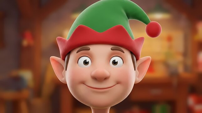 Friendly 3D Christmas elf character headshot.