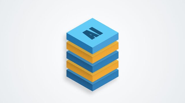 An isometric illustration of a stack of alternating blue and orange layers, with the letters 'AI' on the top blue block, representing artificial intelligence and data architecture.