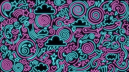 Fototapeta premium Neon Pink and Cyan Doodle Background with Clouds, Hearts, Spirals, Arrows and Whimsical Abstract Icons on Dark Backdrop