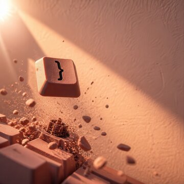 Code fragment explosion with curly brace key in warm 3D scene
