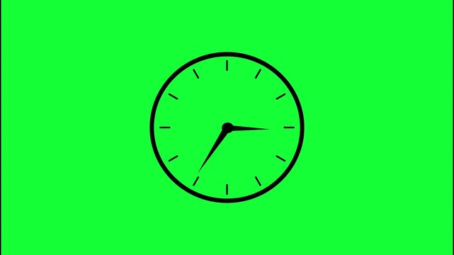 Minimalist analog clock face spinning on green screen chroma key background, time watch