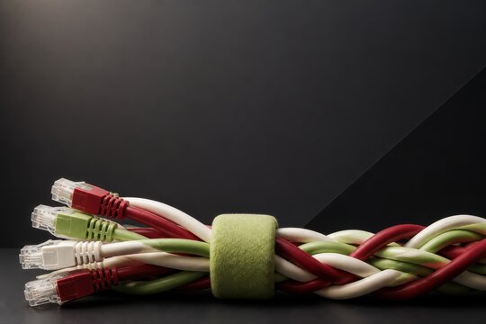 Ethernet cable bundle with RJ45 connectors on dark background for networking