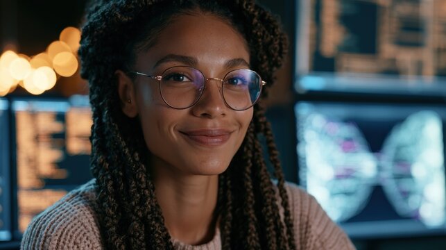Portrait of smiling young Black female software engineer with dreadlocks working on computer in office at night.