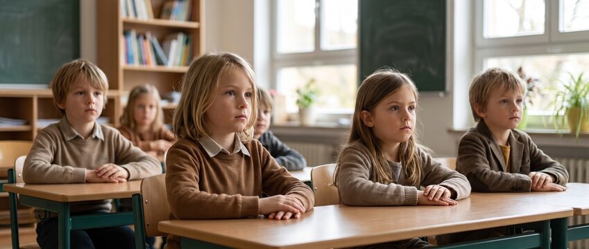 Portr&auml;t von aufmerksamen Schulkindern, die w&auml;hrend des Unterrichts an ihren Tischen im Klassenzimmer sitzen