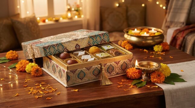 Festive assortment of Indian sweets in a decorative box with diyas and marigolds mithai