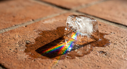 Obraz premium Melting ice cube creating rainbow light on terracotta tile