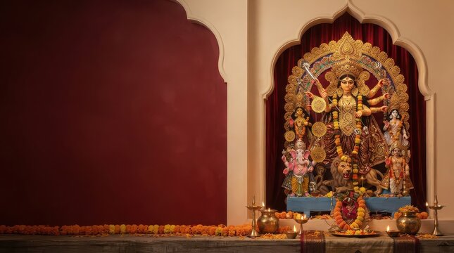 Hindu goddess Durga idol with Ganesha and lion in ornate shrine with marigold garlands Keywords: Durga, goddess, idol, Hindu, Hinduism, religion