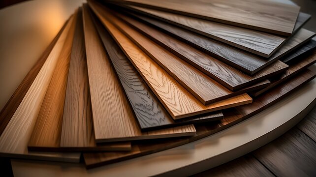 Collection of various wooden flooring samples arranged in a fan shape to show different textures and colors for interior and renovation