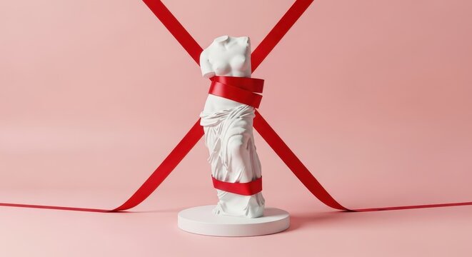 Elegant Classical White Sculpture Wrapped with Red Ribbons on a Minimalist Pink Backdrop.