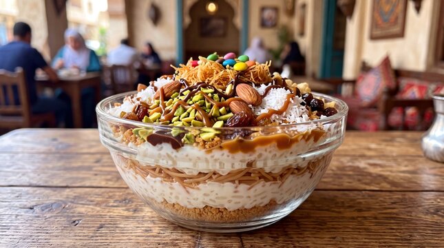 Layered Egyptian Kushari Dessert with Nuts Caramel and Coconut in a Glass Bowl