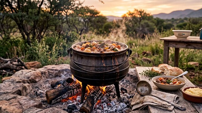 South African Potjiekos Stew Cooking in a Three Legged Cast Iron Pot Over Campfire at Sunset