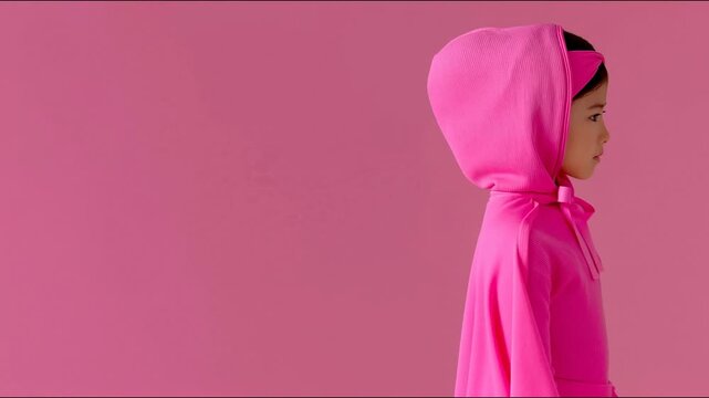 A young girl in a vibrant pink hooded outfit poses against a solid pink background, crossing her arms and turning to the side.